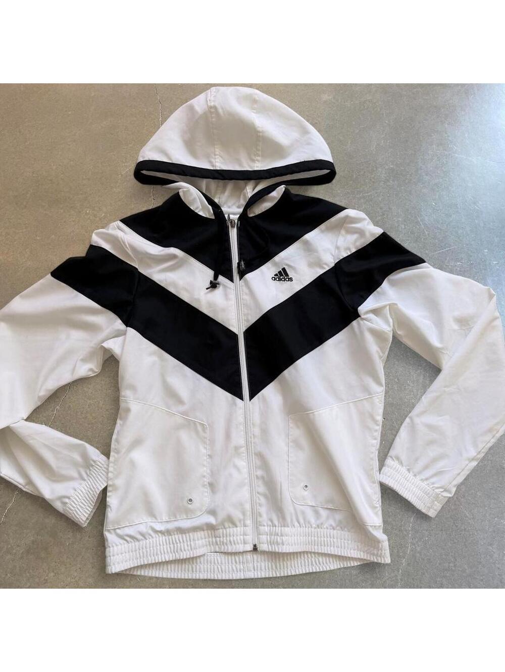 Adidas Black & White Chevron Hooded Full Zip Windbreaker Jacket Women’s Medium